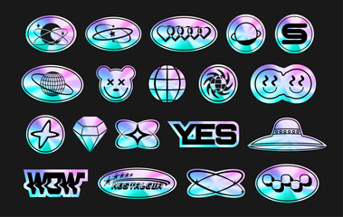 a set of sticker packs in y2k style. holographic. 3d retro futuristic design. foil style labels. ele