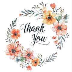 Wall Mural - Thank you card in a bouquet of vibrant wildflowers and lush greenery on a white background