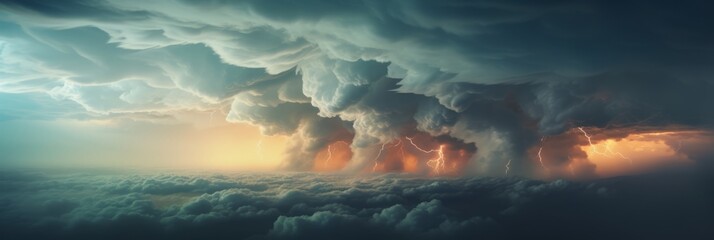 Wall Mural - dramatic huge clouds of thunderstorm on sky with sunset