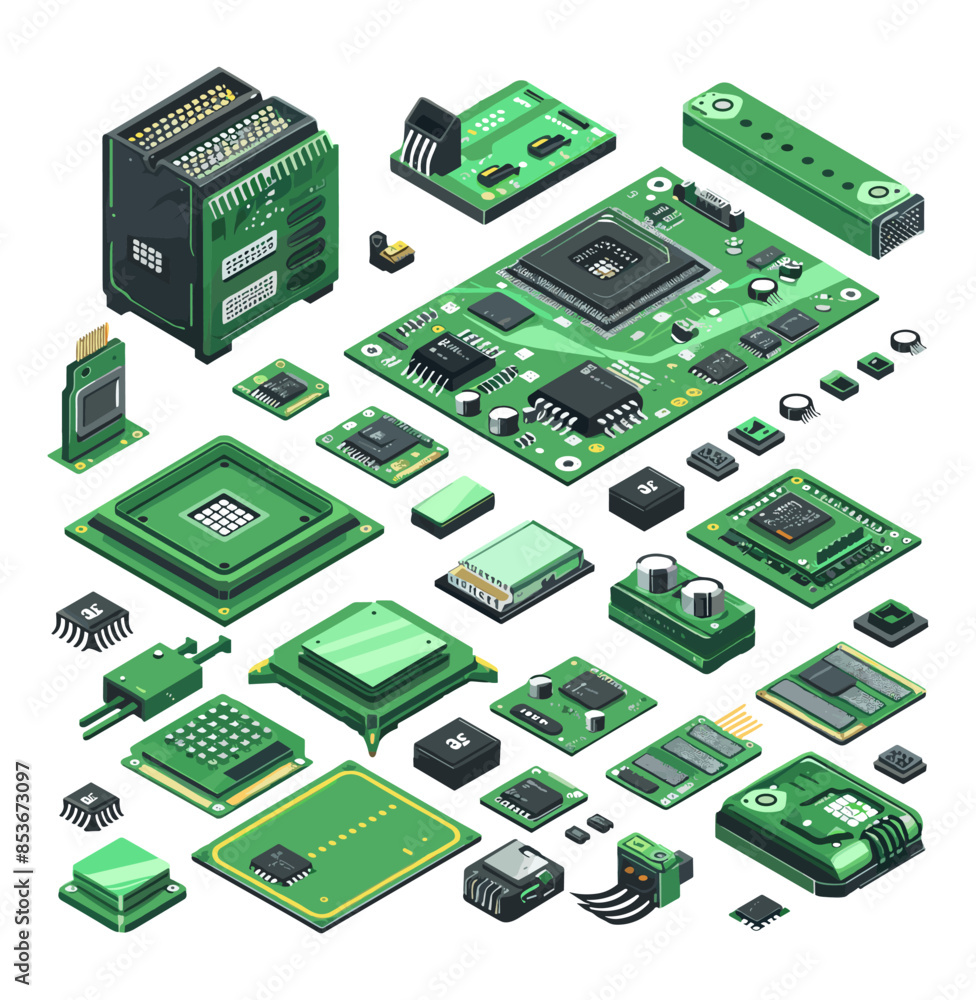 Physical Microprocessor Components Processors isometric vector set. Microchips capacitors semiconductors ...