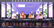 © Good Studio - Conference stage with speakers group sitting in chairs, talking, discussing. Business event, forum, discussion. Communication at congress meeting, professional seminar, panel. Flat vector illustration