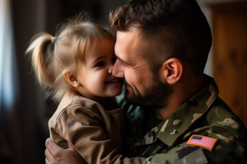 Generative AI illustration of young person soldier hugging baby