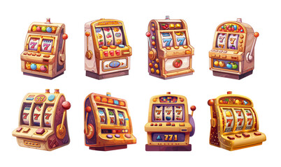 Slot machine cartoon vector set. Arcade fruit jackpot seven casino win luck trophy fortune prize, illustration isolated on white background