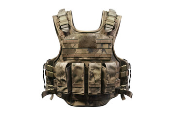 Tactical military bulletproof vest with camouflage design, front view. Essential gear for protection during combat and tactical operations.