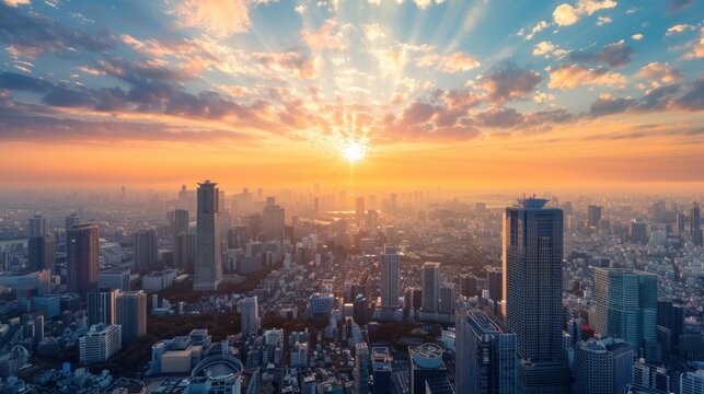 Asia Business concept: modern city skyline aerial view of Tokyo, Japan's Shinjuku area at sunset, suitable for real estate and corporate construction
