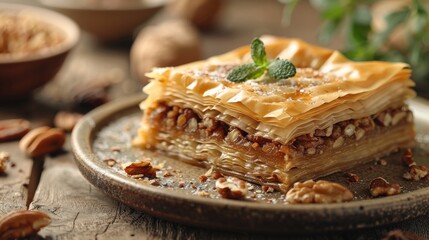 Wall Mural - Delicious baklava dessert topped with nuts and syrup on a rustic plate with herbal garnish