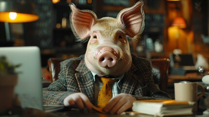 A whimsical characterization of a pig-headed figure in a professional workplace environment, dressed in formal attire