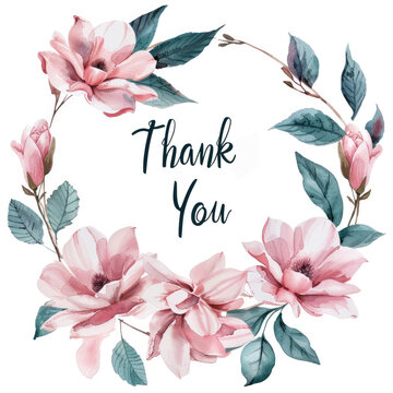 Thank you card in a bouquet of magnolia flowers and soft pink roses on a white background