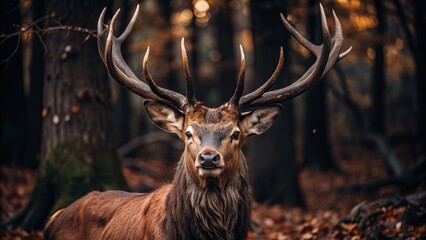 Wall Mural - A majestic stag with large antlers standing in a forest.