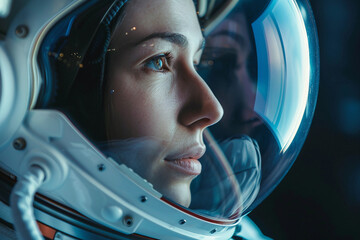 Wall Mural - closeup generative ai picture of astronaut male female floating through space galaxy planet moon sta