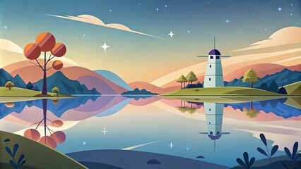 Canvas Print - An illustration of a serene lakeside scene with a lighthouse at sunset.