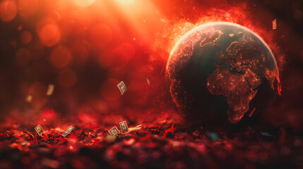 A painting of a planet with a lot of money falling from the sky. The painting has a dark and ominous mood, with the money falling in a chaotic and destructive manner