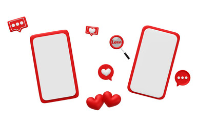 Wall Mural - mobile phone, smartphone with red heart, magnifying glass, social media, chat bubble talk isolated. valentine's day, looking for a partner concept, 3d illustration render