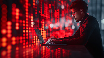 Wall Mural - a man is typing on a laptop in front of a red background. concept of focus and concentration as the 
