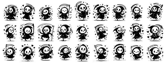 Wall Mural - collection of cute grim reapers with hearts drawings