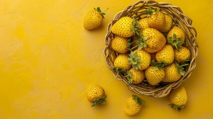 Wall Mural - Yellow Strawberries in a Wicker Basket on a Vibrant Yellow Background