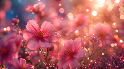 Wall Mural - A close-up of pink flowers with a bokeh effect in the background, creating a dreamy and ethereal atmosphere. The sunlight enhances the vibrant colors and delicate petals.