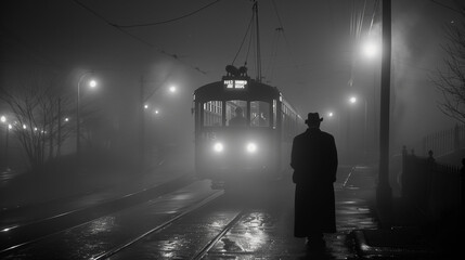 Wall Mural - A black and white image of a person in a long coat and hat standing near a tram at night. The scene is foggy and illuminated by streetlights, creating a mysterious and noir atmosphere.