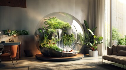 Wall Mural - Sleek Modern Living Room with Indoor Botanical Terrarium Feature