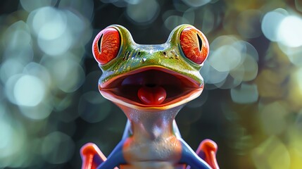 A vibrant green frog with red eyes is sitting on a leaf. The frog is looking at the camera with its mouth open. The background is blurred.