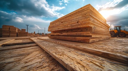 Wall Mural - Stacked Lumber at a Busy Construction Site Under a Dramatic Sky with Sunlight