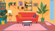 © Mahavira Osa - Cozy Living Room with Red Sofa and Colorful Decor