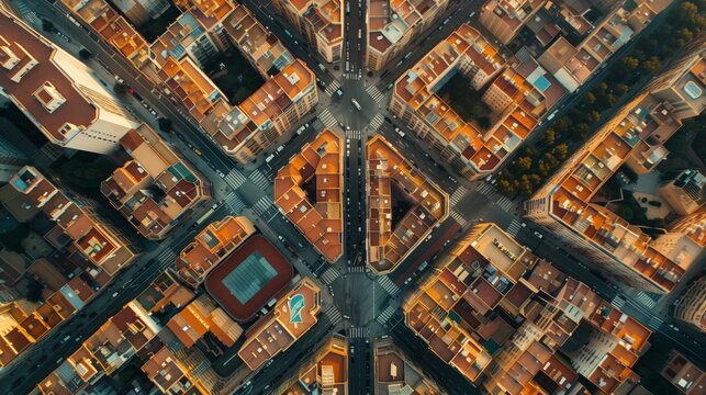 An aerial view of a bustling city, where the streets are a maze of buildings and life unfolds.
