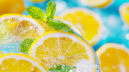 Wall Mural - lemon slices with mint and bubbles. refreshing citrus drink