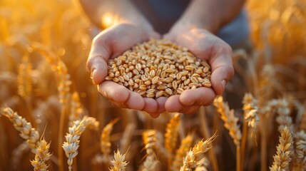 Canvas Print - Hands cradle a handful of wheat grains with a golden wheat field in the background, symbolizing agriculture and nourishment