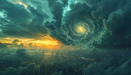 Poster - Futuristic cityscape under a dramatic sky filled with swirling storm clouds