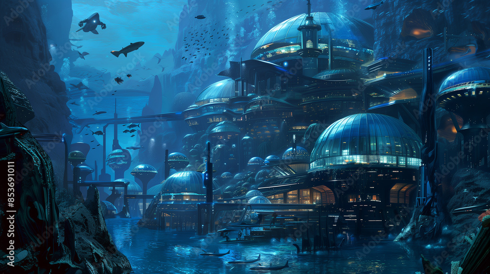 A stunning futuristic underwater city with expansive glass domes ...