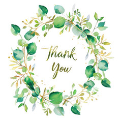 Wall Mural - Thank you card in a wreath of lush green leaves with subtle gold accents on a white background