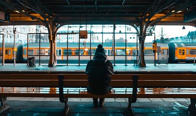 Wall Mural - Man Waiting at Train Station, Generative AI