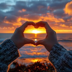 Wall Mural - Hands forming a heart shape against a stunning sunset backdrop at the beach