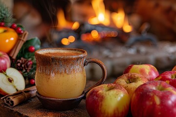 Poster - A frosty mug of apple cider with a sprinkle of cinnamon, surrounded by fresh apples and a cozy fireplace background.