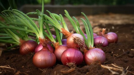 Wall Mural - Onion plants row growing on field, close up. selective focus. nature Generative AI,