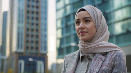 Wall Mural - Portrait of Successful Hijabi Businesswoman with Metropolitan Cityscape