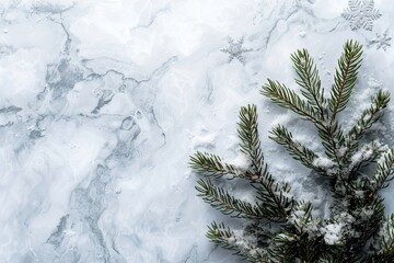 Poster - A modern winter composition with an evergreen bough and snowflakes on a sleek marble background.