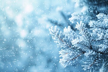 Canvas Print - A pristine evergreen bough adorned with frosty snowflakes in the midst of winter. The setting is ethereal, depicting the purity