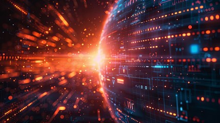 Image of computer language, graphs, texts and lens flare against rotating globe