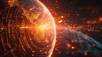 Image of computer language, graphs, texts and lens flare against rotating globe