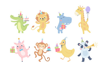 childrens cute animal set. birthday greetings, animals with party cakes and hats. vector illustratio