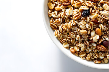 Granola Pile in Bowl Isolated, Muesli Breakfast, Crunchy Cereal Breakfast, Oatmeal Muesli with Seeds and Grains, Healthy Diet Food, Granola on White Background
