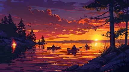 Wall Mural - Picturesque Sunset Over Serene Lake with Kayaking, fishing, campfire, summer, getaway