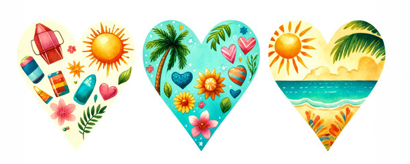 Sticker - Illustration of heart shapes with summer elements, tropical themes, and vibrant colors, ideal for summer holidays, vacation themes, and beach-themed designs