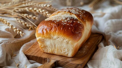 Poster - A soft and fluffy brioche loaf sits on a wooden board, its shiny, golden top glistening. The backdrop includes a beige cloth