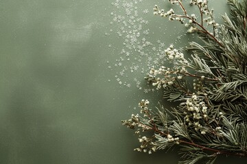 Poster - A sophisticated composition featuring an evergreen bough with delicate snowflakes on a olive green background.