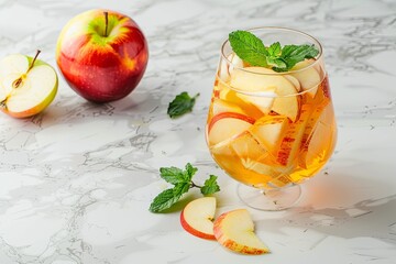 Sticker - A sophisticated glass of apple cider placed on a marble countertop with sliced apples and a sprig of mint.