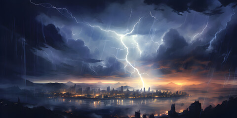 Illustration of thunderstorm with dark clouds and lightning striking in the distance over a cityscape