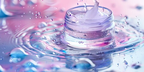 Wall Mural - A jar of cream is floating on top of a wave of water